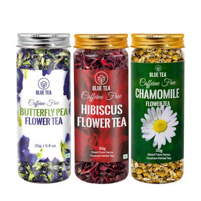 BLUE TEA- IMMUNITY TEA GIFT COMBO | 3 in 1 Combo | Butterfly Pea Flower Tea 25g, Hibiscus Tea 50g, Chamomile Tea 30g | 105g | Caffeine Free Herbal Tea Gift | Flower Tea Gift