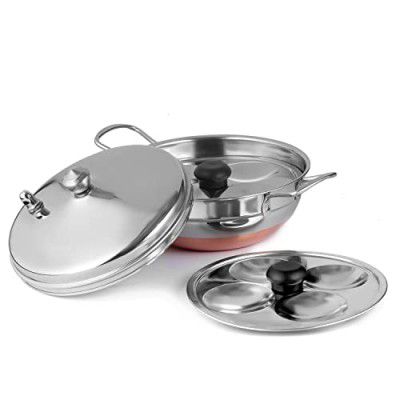 BMS Lifestyle Stainless Steel Multi Purpose Kadai with 2 Idli Plate (8 Idlis) and Steel Lid, Silver