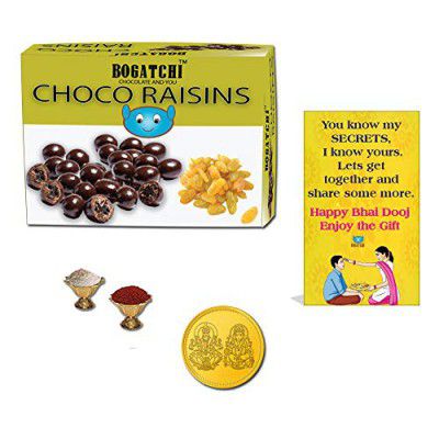 BOGATCHI Bhai Dooj Gift Dark Chocolate Coated Raisins, 100g + Free Bhai Dooj Greeting Card + Free Gold Coin + Roli Chawal