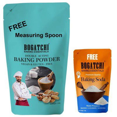 BOGATCHI Double Acting Baking Powder and Baking Soda for Making Cake, Breads, Pizza, Muffins, Dhokla, Idlis, Naans |Baking Ingredients | Baking Soda, Cooking Soda , 200g, Free Measuring Spoon