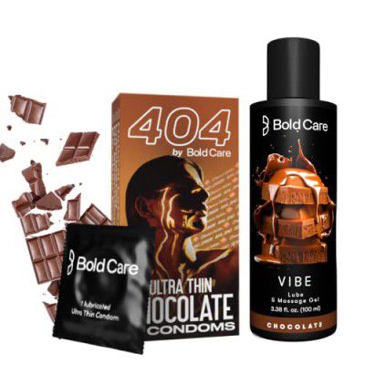 Bold Care 404 Super Ultra Thin Chocolate Flavored Condoms For Men - 60 Microns - 10 Units + Bold Care Vibe - Natural Personal Lubricant for Men & Women - Premium Chocolate Flavour - 100 ml - Combo