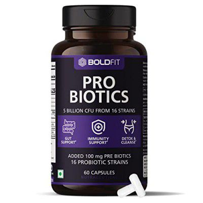 Boldfit Probiotics Gut Health Supplement 5 Billion CFU For Men & Women with 16 Strains & Prebiotics - Supports Digestion, Immunity Support, Detox & Cleanse - 60 Vegetarian Capsules, White