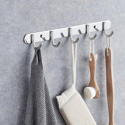 Boniry 1 PCS Cloth Hanger for Wall, Steel Wall Hanger for Clothes 5 Hook Strip Silver