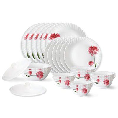 Borosil Belle Fluted Series Opalware Dinner Set | 28 Pieces for Family of 6