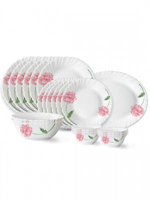 BOROSIL Fluted White & Pink 21 Pieces Printed Opalware Glossy Dinner Set