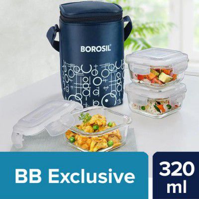 Borosil Grace Square Transparent Glass Tiffin Box With Navy Blue Bag, 320 ml (Set of 3)