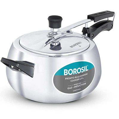 Borosil Pronto Induction Base Inner Lid Aluminium Pressure Cooker, 3.6 mm Thick Base, 6.5 L, Silver