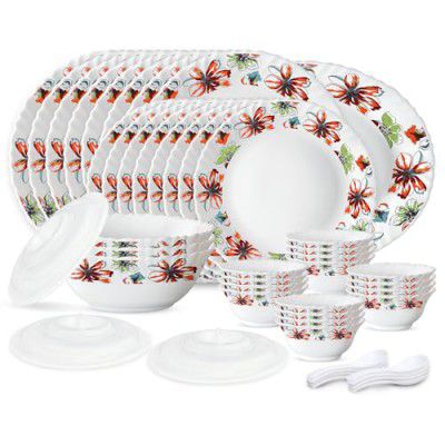 Larah by Borosil Silk Series Bali Opalware Dinner Set | 47 Pieces for Family of 8 | Microwave & Dishwasher Safe