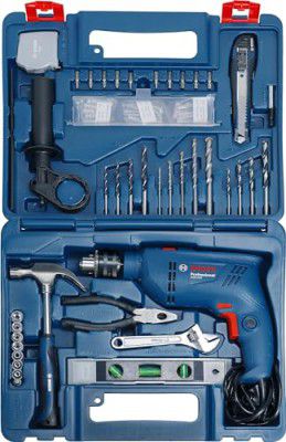 Bosch GSB 600 Corded Electric Impact Drill Kit, 600 W, 13 mm, 1.7 Kg, 3000 RPM, 1.4 Nm, Variable Speed, Forward/Reverse Rotation, Double Insulation, Improved Carbon Brush (100 Pc Kit)