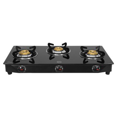 BPL Glass Top 3-Burner Gas Stove with Toughened Glass Top, Brass Burner & Valve, Nylon Base Knobs, 2 Years Warranty