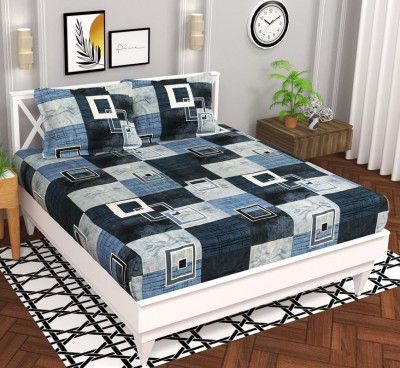 BSB HOME Microfiber 144 TC Aspire 2.O Collections Soft Breathable Wrinklefree Cheks Printed Double Bedsheets with 2 Regular Size Pillow Covers, Color Black Grey and White