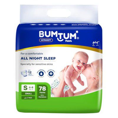 Bumtum Baby Diaper Pants, Small Size 78 Count, Double Layer Leakage Protection Infused With Aloe Vera, Cottony Soft High Absorb Technology (Pack of 1)