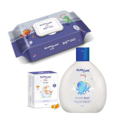 Bumtum Baby Gentle 99% Pure Water Wet Wipes with Lid - 72 Pcs.(Pack of 1) & Baby Soap 50Gram (Pack of 1) & Baby Bubble Bath (200 ML) Combo