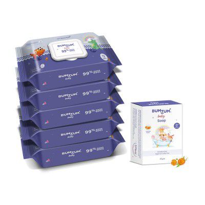 Bumtum Baby Gentle 99% Pure Water Wet Wipes with Lid - 360 Pcs.(Pack of 5) & Baby Soap 50 Gram (Pack of 1) Combo