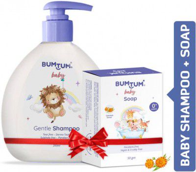 BUMTUM Combo Pack Gentle Baby Shampoo & Soap No Tear Paraben Free Vegan & Derma Tested (White, Blue)