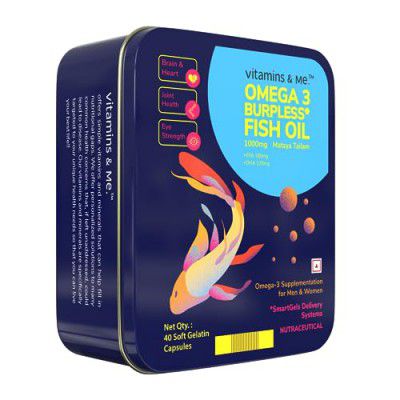 Burpless Fish Oil with Omega 3 by Vitamins & Me - Burp Free Omega 3 Fish Oil - 180 mg EPA & 120 mg DHA - Ideal for Men and Women Healthy Heart Support - 1000 mg Omega 3 (40 Soft Gelatin Capsules)