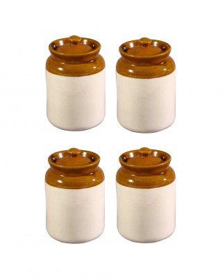 CAFFEINE Ceramic Stonwear Handmade Mustard And Cream Barni/Pickle Jar (Set of 4)