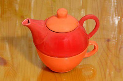 Caffeine Ceramic Stonwear Handmade Red & Orange 2 in 1 Tea Pot & Cup (Single Kettle with Cup) Set -1