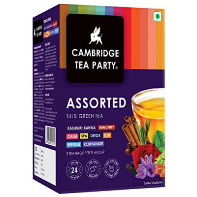 Cambridge Tea Party Assorted Tea, Sampler Pack, 24 Tulsi Green Tea Bags, Detox Kahwa, Kashmiri Kahwa, Spa Lemongrass, Immunity Honey Lemon Ginger