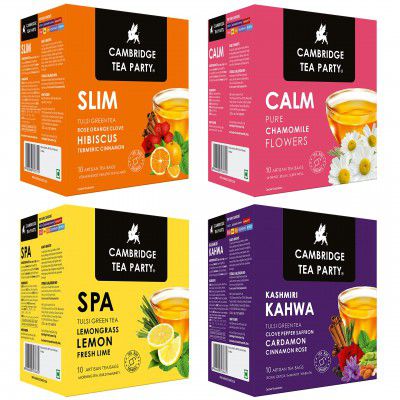 Cambridge Tea Party Assorted Tulsi Green Tea 40 Bags, Kashmiri Kahwa, Slim Orange Rose Hibiscus, Spa Lime Lemongrass, Calm Chamomile