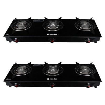 Candes Toughened Glass 3 Burner Manual Gas Stove |Die Cast Alloy Tornado Burner | Glass Gas stove 3 Burner | LPG Compatible |ISI Certified | Door Step Service, 300 Days Warranty| Pack of 2