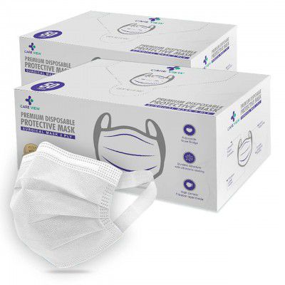 Careview 3 Ply Disposable Surgical Face Mask Box with FABRIC Earloop and built in Nose Pin, Certified by BFE>99% and PFE > 95%, SITRA, DRDO, ISO and CE (Pack of 100, WHITE)