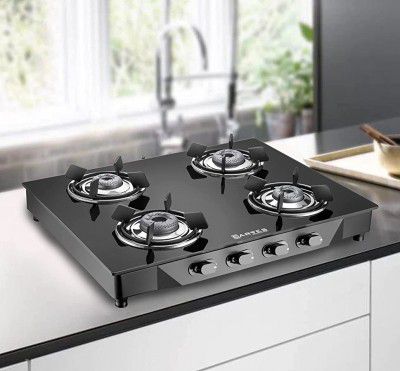 Carves 4 Burner Thar LPG Gas Stove Black Finished Glass 7mm High Flame Italian Forged Burner, Manual Ignition, Extra Wide