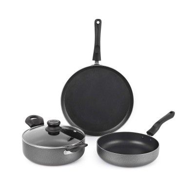 Cello 3Pcs Prima Non-Stick Cookware Set Induction Base 220mm Kadhai, Fry Pan 220, 280mm Non Stick Dosa tawa with Glass Lid, Hammertone