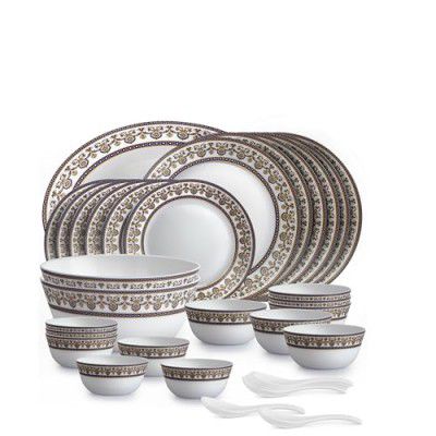 Cello Amitabh Bachchan Opalware Solitaire Series Blu Dinner Set, 33 Units | Opal Glass Dinner Set for 6 | Crockery Set for Festive Ocassions, Parties | White Plate and Bowl Set