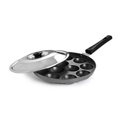 CELLO Appam Patra with Stainless Steel Lid Non-Stick Heavy Duty Aluminium 25 cm, 12 Cavity | Single Handle | Appam Maker | Appam Patra | Appam pan | Litti Maker | Black