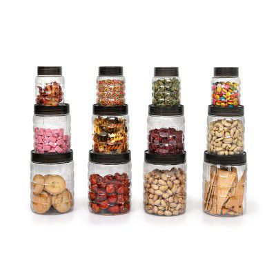 Cello Checkers Plastic PET Canister Set, 12 Pieces, Clear, Capacity - 4-300ml, 4-650ml, 4-1200ml