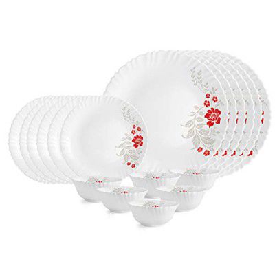 Cello Dazzle Scarlet Bliss Opalware Dinner Set, 18 Pieces, White