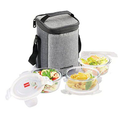 CELLO Delighta Round Borosilicate Glass Lunch Box with Jacket, 400ml, Set of 3