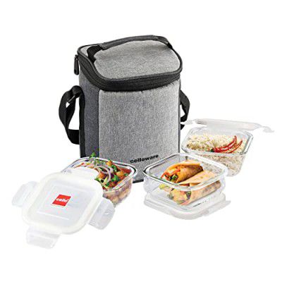 CELLO Delighta Square Borosilicate Glass Lunch Box with Jacket, 320ml, Set of 3