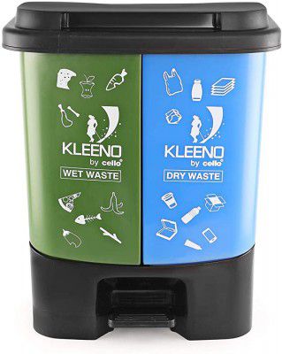 Cello Duo Plastic Step-On Pedal Dustbin for Wet and Dry Waste (35 Liters, Green and Blue)