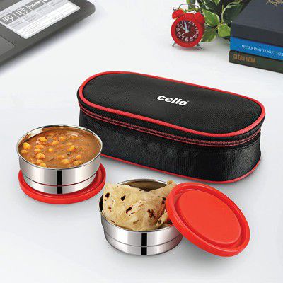 Cello Eco Bite Stainless Steel Lunch Box for Office & School, 2 Containers, Red