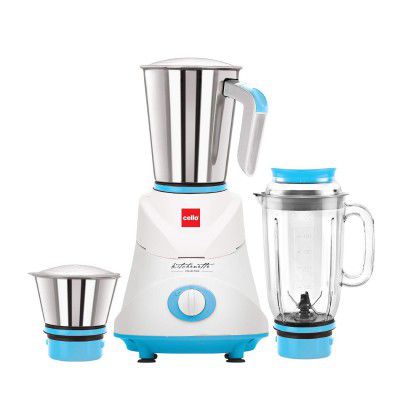 Cello Grind-N-Mix Ertiga Mixer Grinder, 500 Watts, 2 Stainless Steel Jar and 1 Juicer Jar, Blue