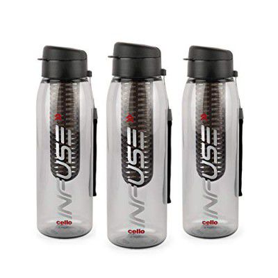 CELLO Infuse Plastic Water Bottle, 800 ml, Set of 3, Black | Detox Bottle with Infuser Chamber 