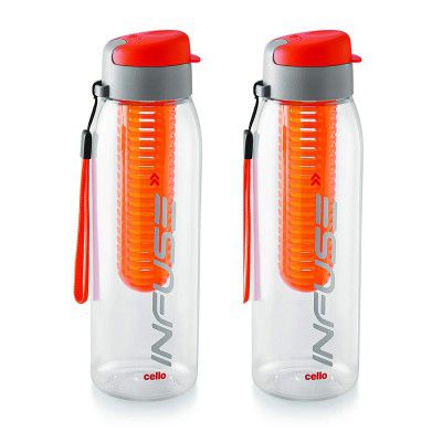 Cello Infuse Plastic(PET) Water Bottle with Infuser, 800ml, Set of 2, Orange