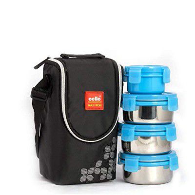 CELLO Max Fresh Click Lunch Box Set with Bag, 4 Containers, 300 ml, Blue Inner Stainless Steel Tiffin Box with Jacket