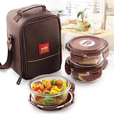 CELLO Maxfresh Glassy Seal O Fresh Glass Lunch Box Set of 3 Containers, 400ml Each, Brown