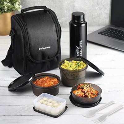 CELLO MF All in One Lunch Box Set of 5 with Fabric Bag | 3 Plastic Containers, 1 Pickle Box and 1 Steel Bottle | Microwave Safe | Full Meal and Easy to Carry, Black