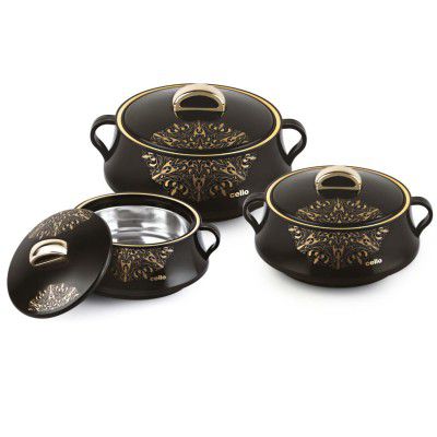 Cello Midas Casserole Gift Set with Inner Steel, 3pc (500ml, 1000ml, 1500ml), Black