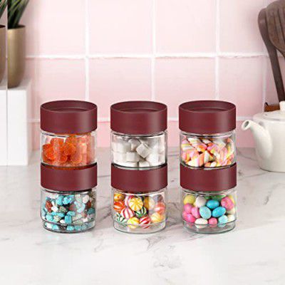 CELLO Modustack Glassy Storage Jar | Set of 6 | 500ml, Maroon