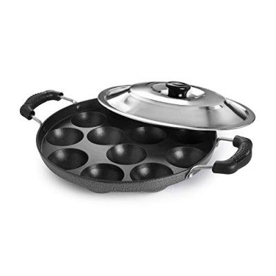 Cello Non-Stick 12 Cavity Appam Patra 2 Side Handle with Stainless Steel Lid