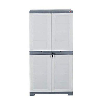 Cello Novelty Big Plastic Cupboard with 3 Shelves and 4 Doors (White and Grey)