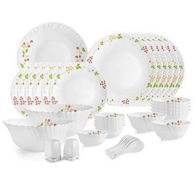 Cello Opalware Dazzle Series Secret Garden Dinner Set, 35 Units | Opal Glass Dinner Set for 6 | White Plate and Bowl Set