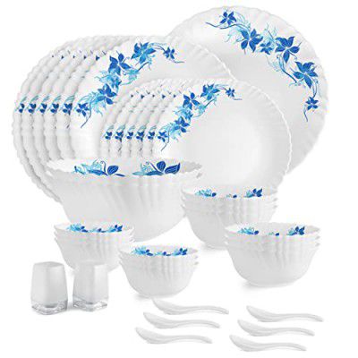 Cello Opalware Dazzle Series Blue Swirl Dinner Set, 35 Pcs | Opal Glass Dinner Set for 6 | Light-Weight, Daily Use Crockery Set for Dining | White Plate and Bowl Set