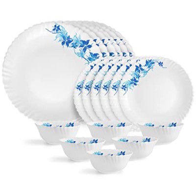 Cello Opalware Dazzle Series Blue Swirl Dinner Set, 18 Pcs | Opal Glass Dinner Set for 6 | Light-Weight, Daily Use Crockery Set for Dining | White Plate and Bowl Set