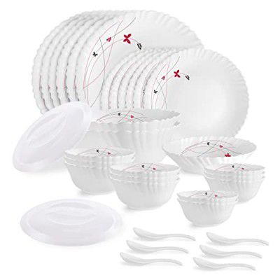 Cello Opalware Dazzle Series Lush Fiesta Dinner Set, 35Pcs | Opal Glass Dinner Set for 6 | Light-Weight, Daily Use Crockery Set for Dining | White Plate and Bowl Set